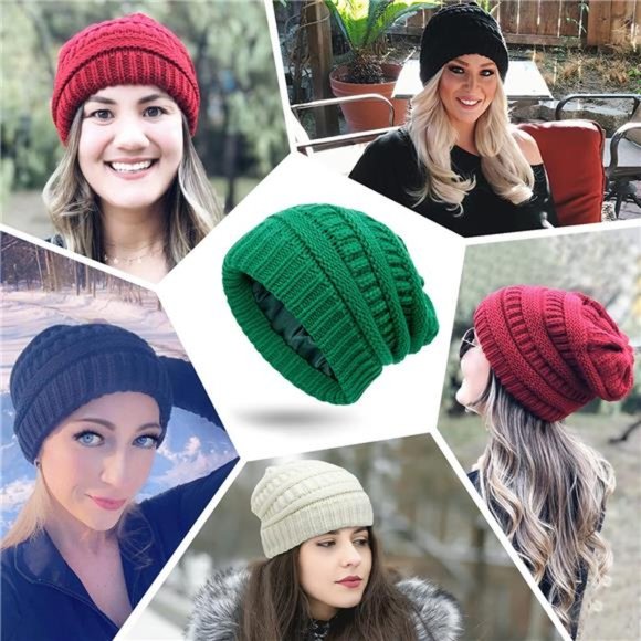 Muryobao Womens Winter Warm Knitted Hat Satin Silk Lined Cable Knit Beanie Chunk main image 5